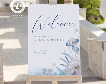 May include: A welcome sign for a wedding with a watercolor design of seashells, jellyfish, and seaweed. The sign says "Welcome to the wedding of Alex & Betty, Long Beach, 05.24.2025".