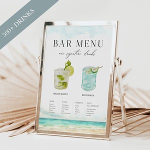Plantilla de menú de bar de playa, plantilla de menú de bebidas de verano editable, menú de bar imprimible, letrero de bebidas exclusivo, menú de bebidas de boda, más de 500 bebidas