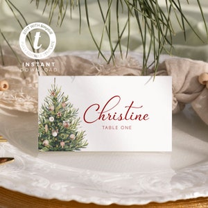 Plantilla de tarjeta de lugar de árbol de Navidad, tarjeta de asiento de vacaciones, tarjeta de nombre de boda de invierno imprimible, descarga instantánea, plantilla editable Winter001