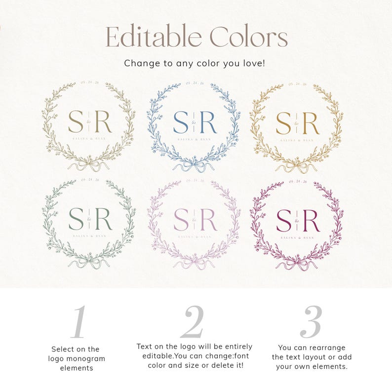 Floral Wedding Logo Template: Editable Monogram Design (digital ...