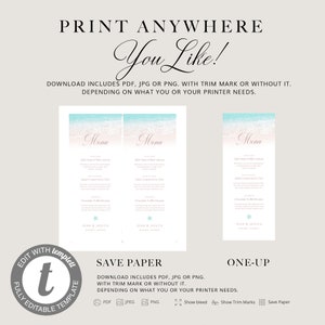May include: A printable wedding menu template with a watercolor background in shades of pink and blue. The text "Menu" is written in a cursive font. The template includes the text "Sean & Jasssica" and the words "Light Salad of Bibb Lettuce", "Sweet Crusted Artichoke Char", and "Chocolate Truffle Mousse".