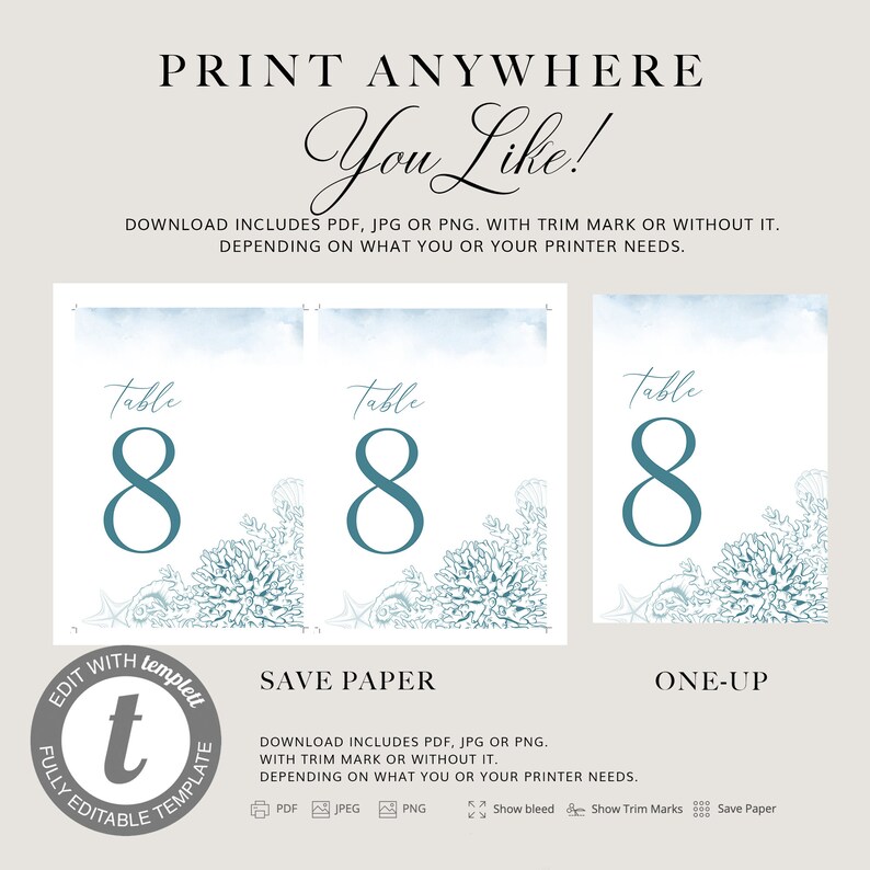 Blue Ocean Wedding Table Number Card Template, Editable Coastal Printable Table Card ,Blue Sea Ocean Table Number WI0024 image 6