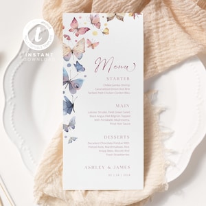 Vlinders menukaart bewerkbare partij tafel menu's sjabloon, babyshower, 1e verjaardag, doop tafel decor, vlinders bruiloft menukaart WI0049