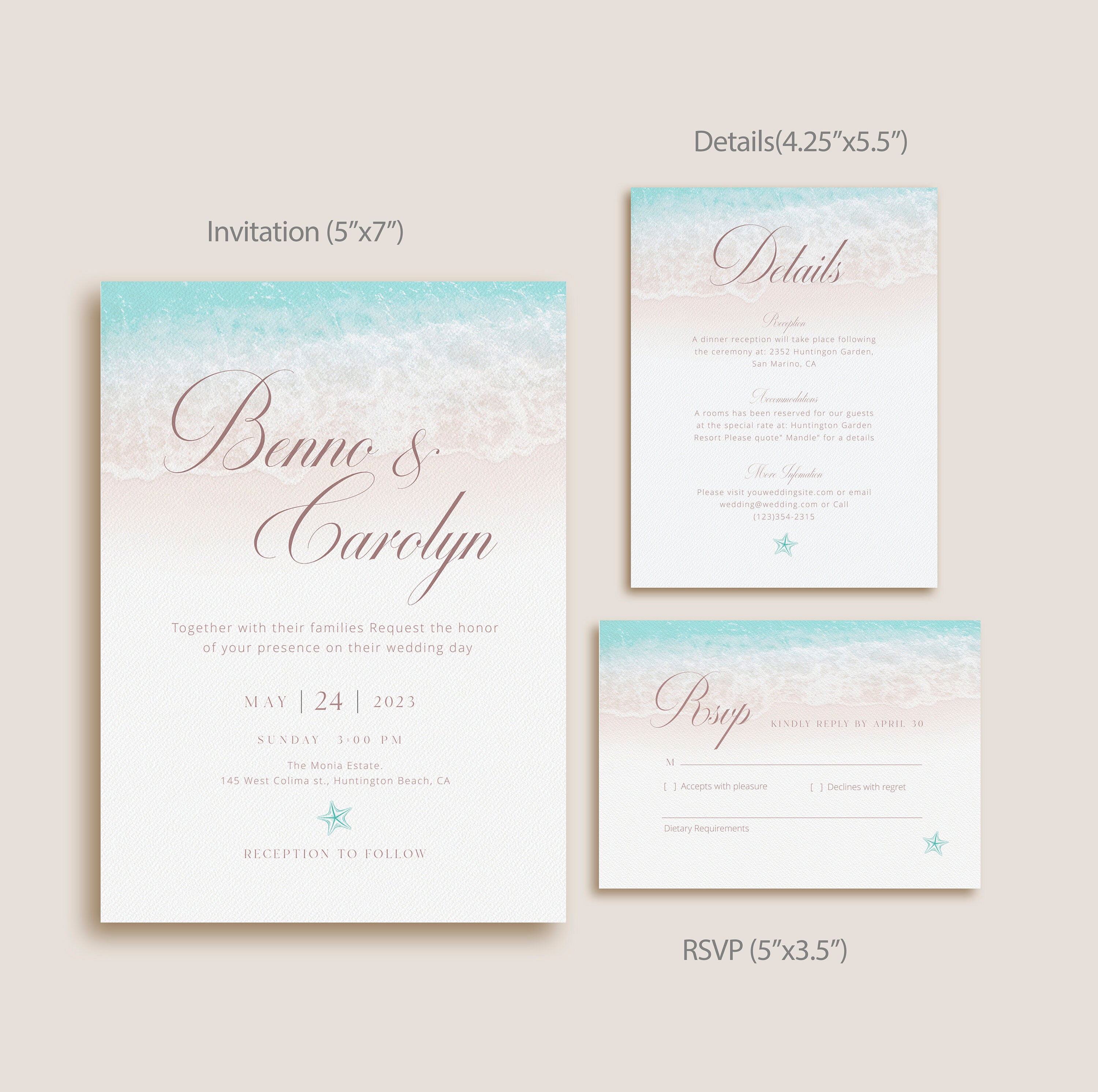 Beach Themed Wedding Invitation Set Template, Editable Wedding Invite ...