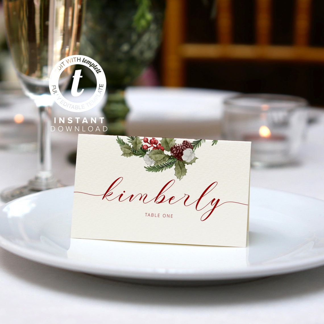 Christmas Place Card Template Holiday Seating Card Winter Wedding