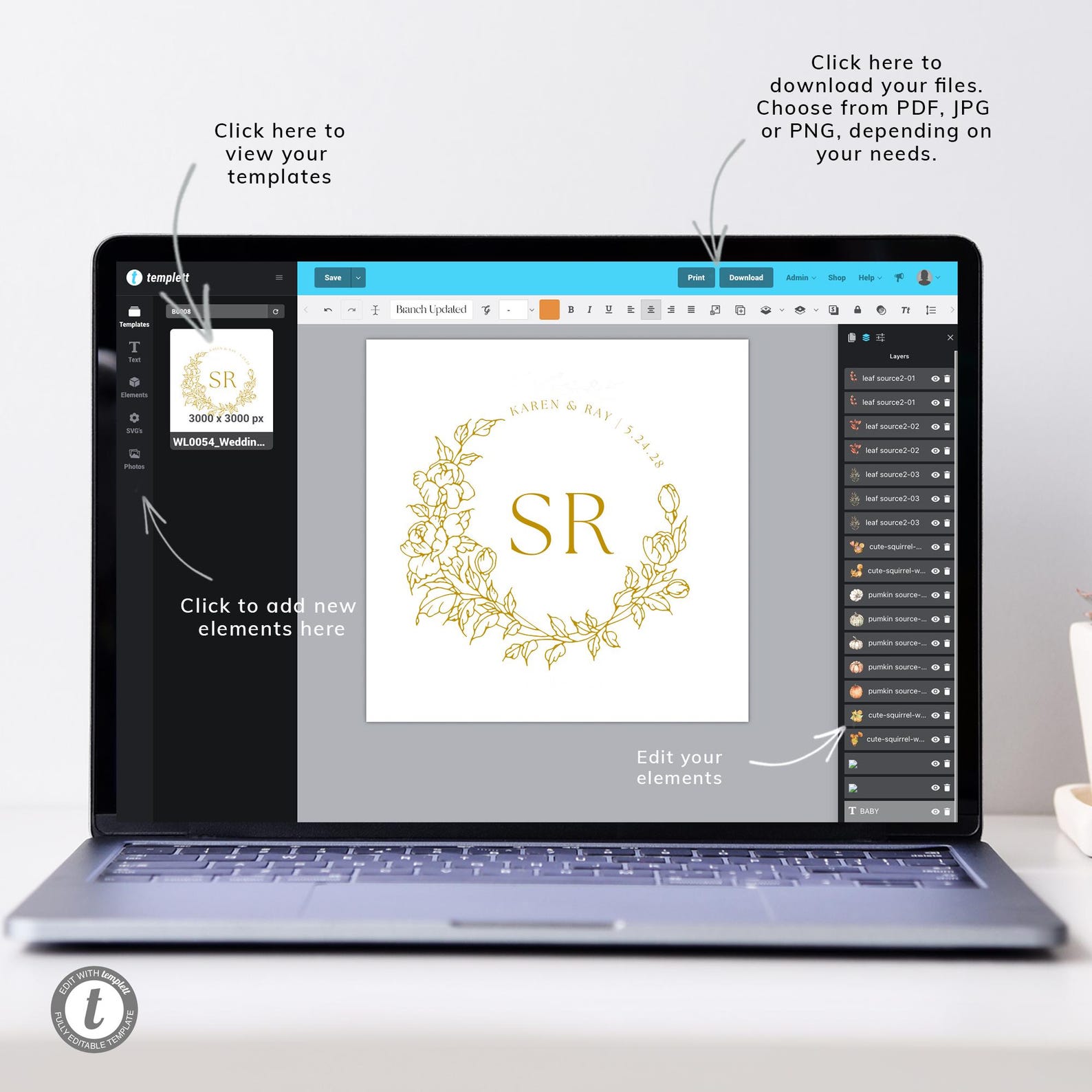 Editable Floral Wedding Logo Template: Custom Monogram Design (digital ...
