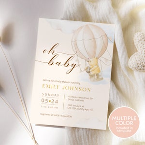 Winnie the Pooh Baby Shower Invitation Template. Classic Pooh Bear Baby Shower Invite, Gender Neutral Baby Shower Party Invitation, B0018