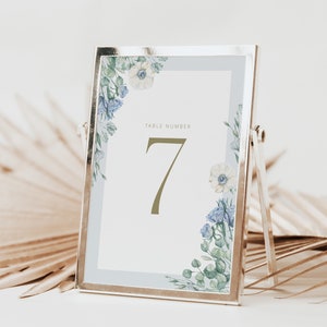 Dusty Blue Floral Wedding Table Numbers Template (Digital Download)