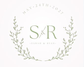 Wedding Logo Template,Floral Wreath Logo,Editable Monogram Logo, Premade Custom,Wedding Crest, Digital Download, Logo Emblem, Logo Branding.