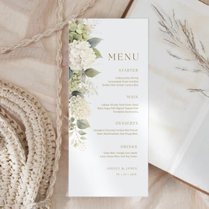 Szablon menu weselnego z hortensją, białe menu kwiatów hortensji, drukowane menu weselne, menu kolacji i brunchu, karta menu kwiatów hortensji WI0062