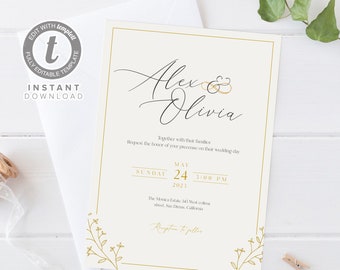 Simple Black and Gold Wedding Invitation Template, Editable Wedding Invite Printable, Templett Instant Download