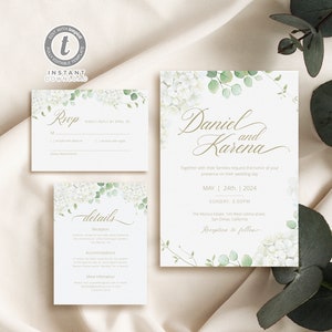 Greenery Hydrangeas Wedding Invitation Set Template, Editable Wedding Invite Printable, Templett Instant Download WI0022