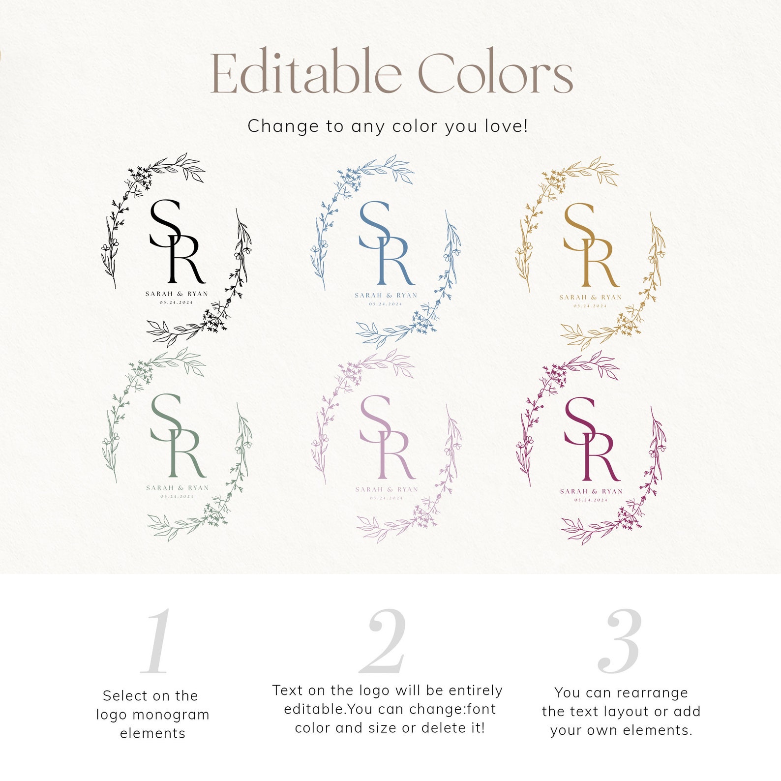 Floral Wreath Wedding Logo: Editable Monogram Design (digital Download ...