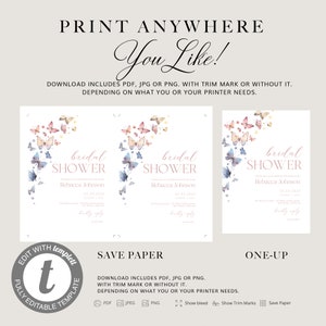 Op de afbeelding: Afdrukbare bruidsdouche-uitnodigingstemplate met een aquarelontwerp van vlinders in tinten roze, blauw en geel. De tekst "bridal shower" is geschreven in roze schrijflettertype met de naam "Rebacca Johnson" en de datum "03.04.2023" eronder. De template is beschikbaar in PDF, JPG en PNG-formaten met of zonder snijtekens.