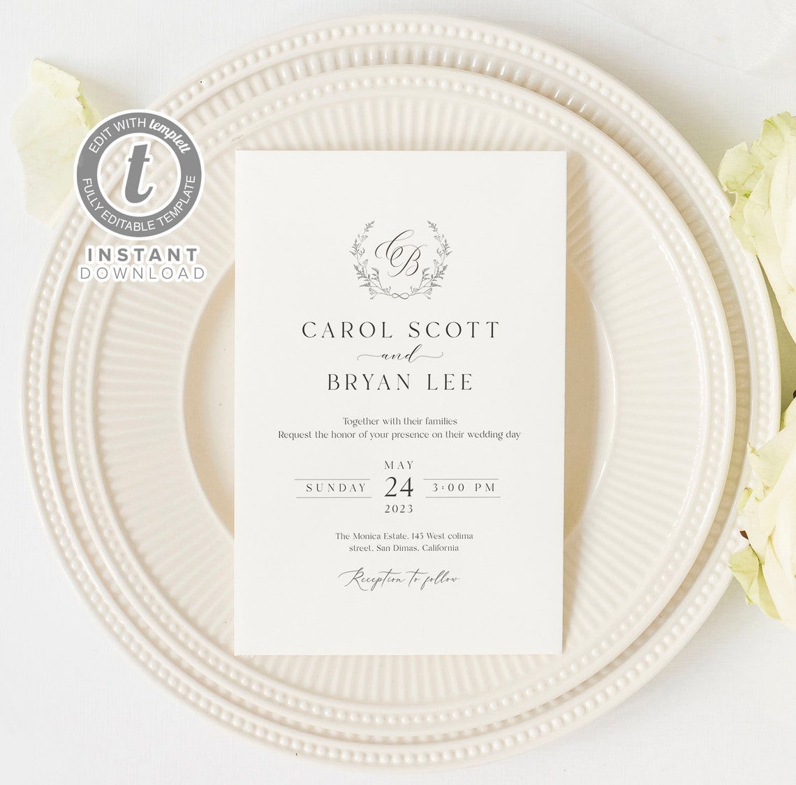 Monogram Wedding Invitation Template, Delicate Elegant Printable Invite