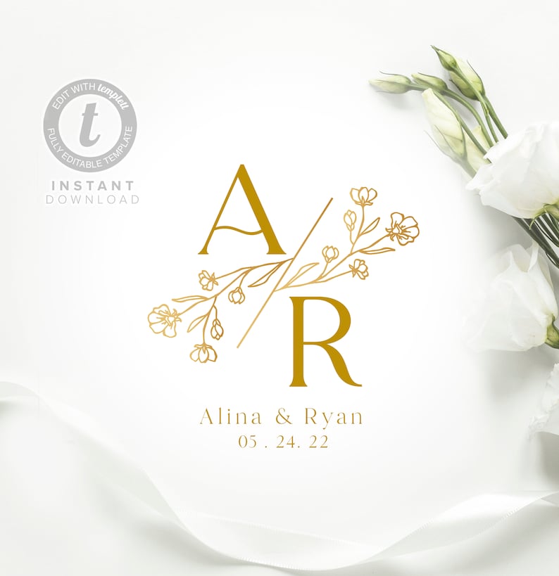 Multiple Color Floral Wedding Logo,Editable Template, Wedding Monogram.,Wedding Branding, Custom Logo, Digital Download, Printable Emblem image 1