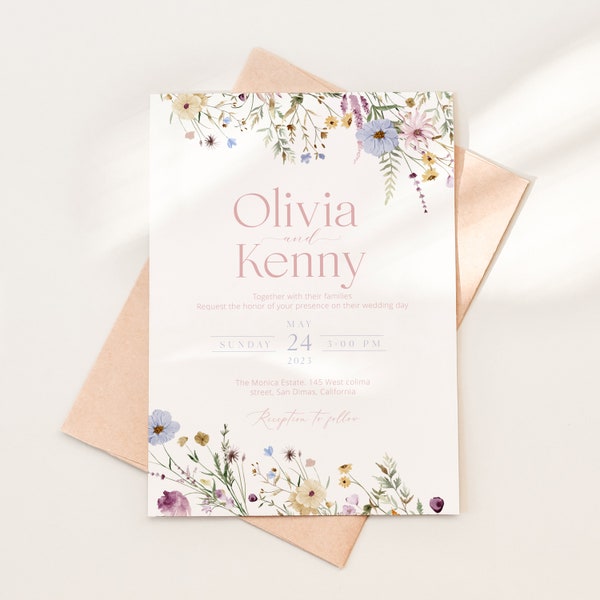 Spring Wildflower Wedding Invitation Template, Wildflower invitation, Editable Boho Wedding Invite Printable,Instant Download WI0047