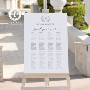 Minimalist Monogram Seating Chart Template, Modern Wedding Seating Plan, Printable, Editable Sign, Templett INSTANT Download,WI0033