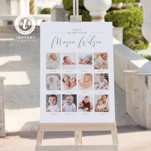 Un an de bébé | Modèle d'affiche photo imprimable de la première année de bébé, signe minimaliste de collage de photo du 1er anniversaire | Signe de première année