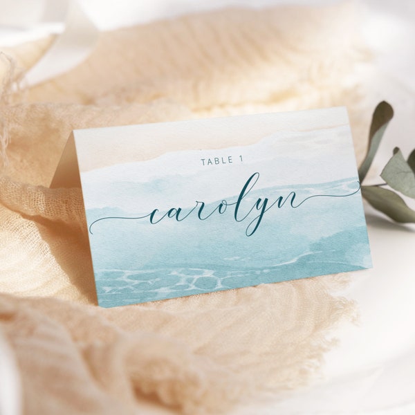 Ocean Beach Wedding Place Card Template,Summer Coastal Beach Card Template,Editable & Printable Seating Card, Party Name Card WI0045