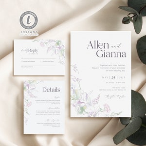 Greenery Lilacs Wedding Invitation Template Set, Watercolor orchid Wedding Invitation, Purple green Wedding,Templett Instant Download WI0019