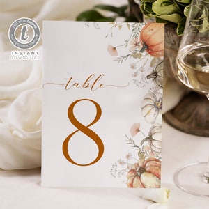 Modèle de numéro de table de mariage de citrouille de fleur sauvage d'automne, cartes de nombre modifiables, cartes d'automne imprimables, téléchargement instantané de Templett B0009