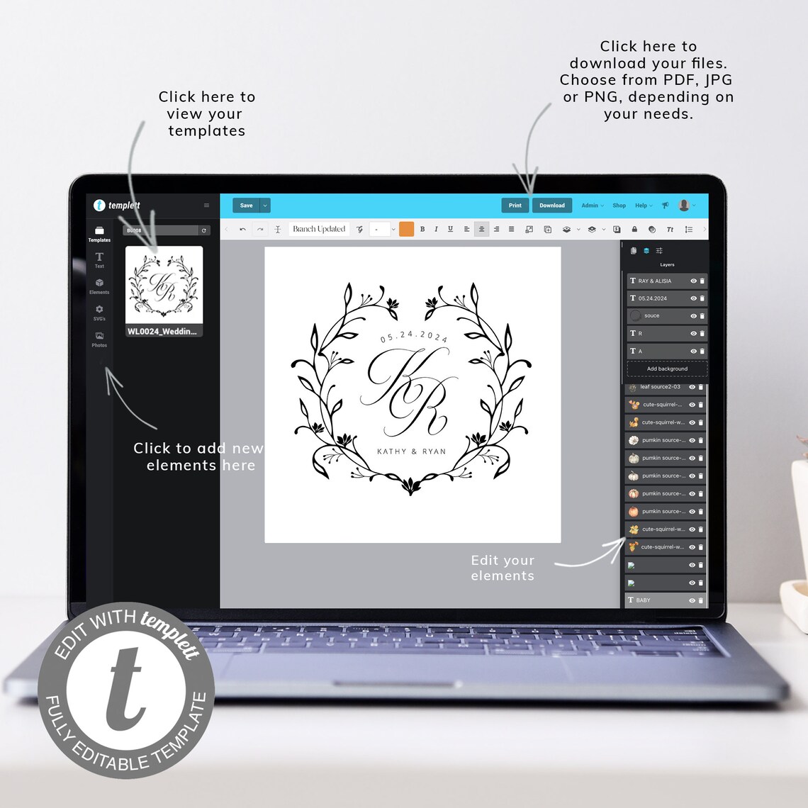 Editable Floral Wreath Logo Template, Wedding Logo Branding, Premade ...