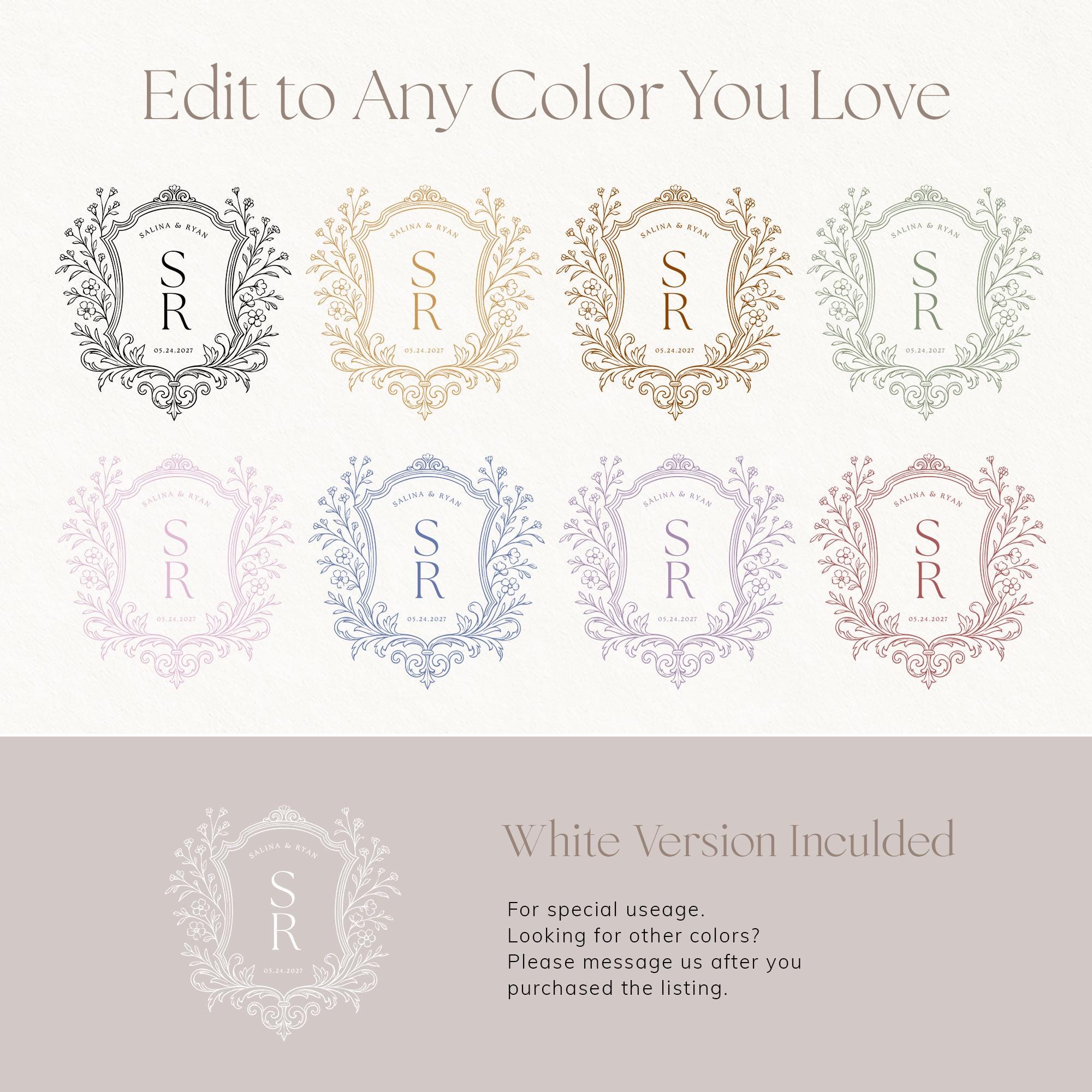 Vintage Floral Wedding Crest Logo Template: Editable Monogram Design ...