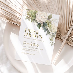 Uitnodiging voor een bruidsdouche met hortensia's, elegant bloemenontwerp (digitale download)