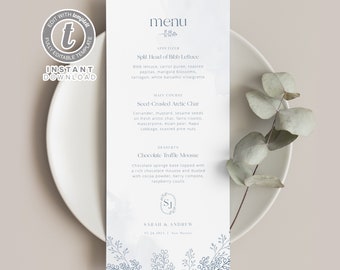 Dusty Blue Botanical Wedding Menu Template (Digital Download)