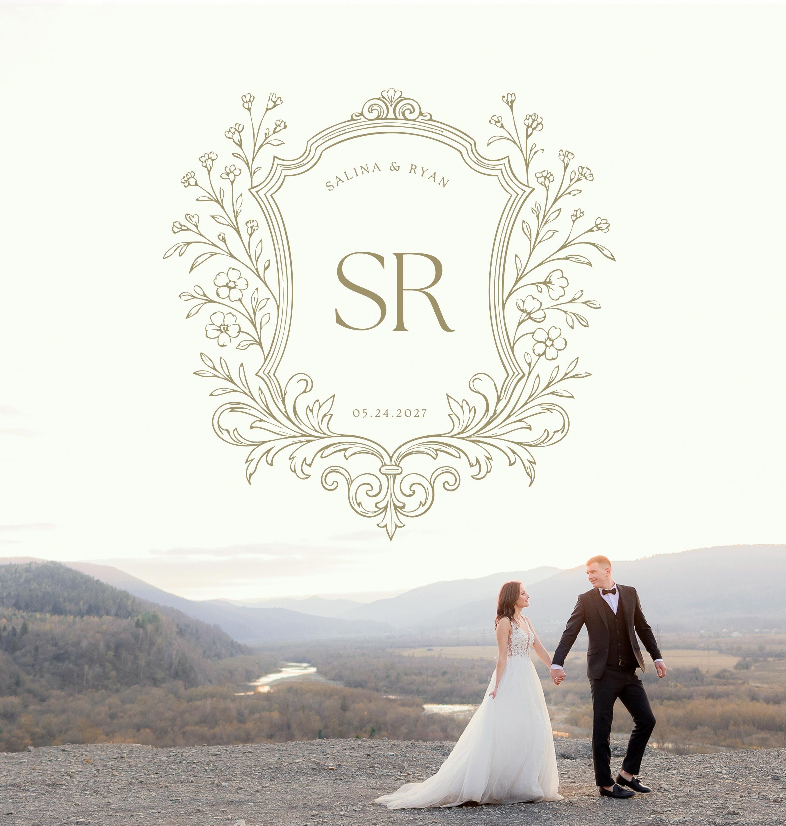 Vintage Floral Wedding Crest Logo Template: Editable Monogram Design ...