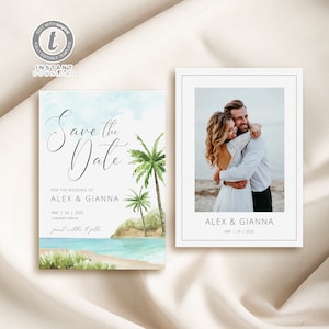 Ocean Beach Themed Save the Date Template, Photo Save the Date Card, Templett Instant Download WI0027