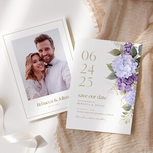 Hortensie speichern die Datumsvorlage, lila Hortensie Foto speichern die Datumskarte, bearbeitbare lila Hortensie Blume speichern die Datumseinladung, WI0062P