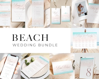 Beach Wedding Large Bundle Set Templates, Editable Ocean Wedding Invite Printable, Summer Beach Invitation Bundle, Wedding Suite WI0021