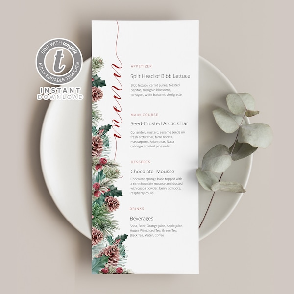 Christmas Menu Template, Winter Wedding Menu, Editable Christmas Menu ,Holiday Menu, Holiday Dinner Table Card Winter005