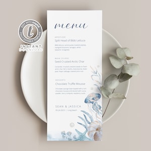 Plantilla de menú de boda de océano azul, DESCARGA INSTANTÁNEA, Plantilla de menú temático de playa, Menú de mesa editable, Menú imprimible, Plantilla Templett WI0028
