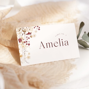 Modello segnaposto per posti a sedere con fiori di campo bordeaux, modello segnaposto per matrimonio floreale autunnale, download immediato modificabile e stampabile, WI0056