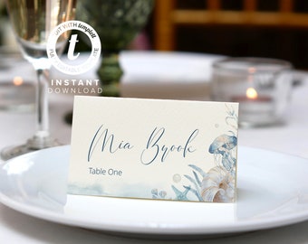 Blue Ocean Theme Place Card Template,Summer Beach Card Template,Editable & Printable Instant Download, Templett, WI0028