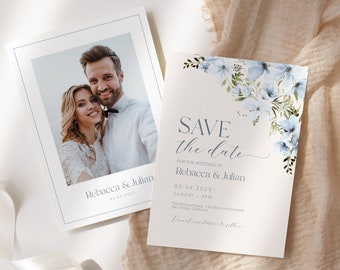 Dusty Blue Floral Save The Date Template: Boho Photo Card (Digital Download)