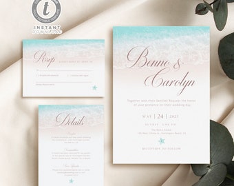 Plantilla de conjunto de invitación de boda temática de playa, invitación de boda editable imprimible, descarga instantánea Templett WI0021