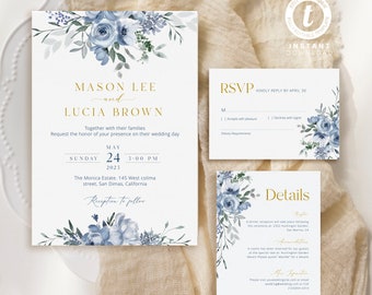 May include: Wedding invitation with blue floral design. The invitation features the names Mason Lee and Lucia Brown, the date May 24, 2023, and the time 3:00 PM. The invitation also includes the location of the wedding, The Monica Estate, 145 West collima street, San Dimas, California. The invitation also includes an RSVP card and a details card.