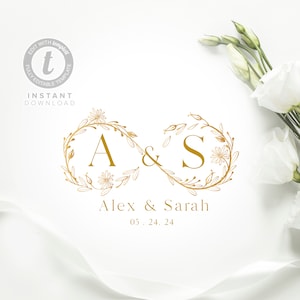 Logotipo de boda floral infinito, plantilla editable de varios colores, monograma de boda, marca de boda, descarga digital, emblema imprimible
