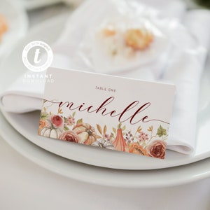 Modèle de carte de lieu de mariage citrouille Boho automne, modèle de carte de siège floral automne, téléchargement instantané modifiable et imprimable, Templett, WI0035