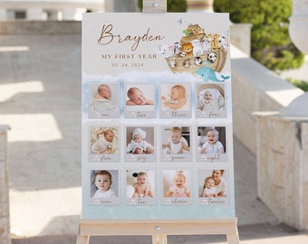 May include: A blue and white poster with a watercolour background featuring a baby's first year photo collage. The poster has a whimsical illustration of Noah's Ark with animals. The poster is titled "Brayden My First Year 05.24.2024" and has 12 photo slots with numbers one through twelve.