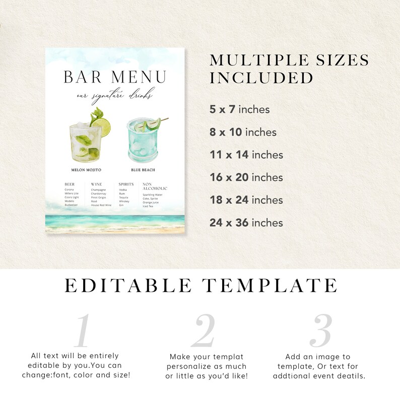 Beach Bar Menu Template, Editable Summer Drink Menu Template, Printable ...