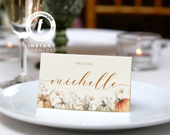 Fall Wildflower Pumpkin Wedding Place Card Template,Fall Seating Card Template,Editable & Printable Instant Download, Templett, B0009