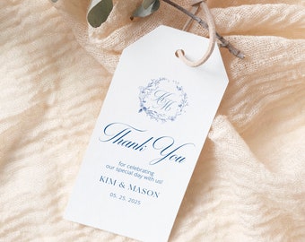 Dusty Blue Wedding Initial Gift Tag Template,Blue Monogram Thank You Gift Tags,Editable Wildflower Tag - Personalized gift tag, WI0053