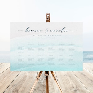 Ocean Beach Sand Hochzeit Sitzplan Vorlage, Sommer Ocean Beach Sitzplan, bedruckbar, bearbeitbares Zeichen, horizontal WI0045
