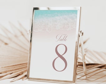 Beach Themed Wedding Table Number Card Template, Editable Printable, Templett Instant Download WI0021