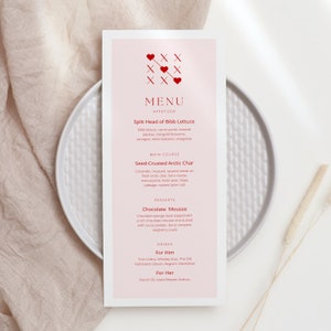 Valentinstag Menü Vorlage, Galantine Tages Menü, Minimalistisches druckbares Menü, V-Day Brunch, Abendkarte, Einfache Hochzeitskarte VD003